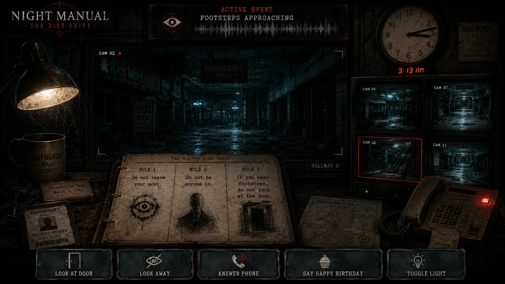 Night Manual gameplay console showing the abandoned Ravencroft Mall, active rules, security cameras, and survival actions at 3:13 AM