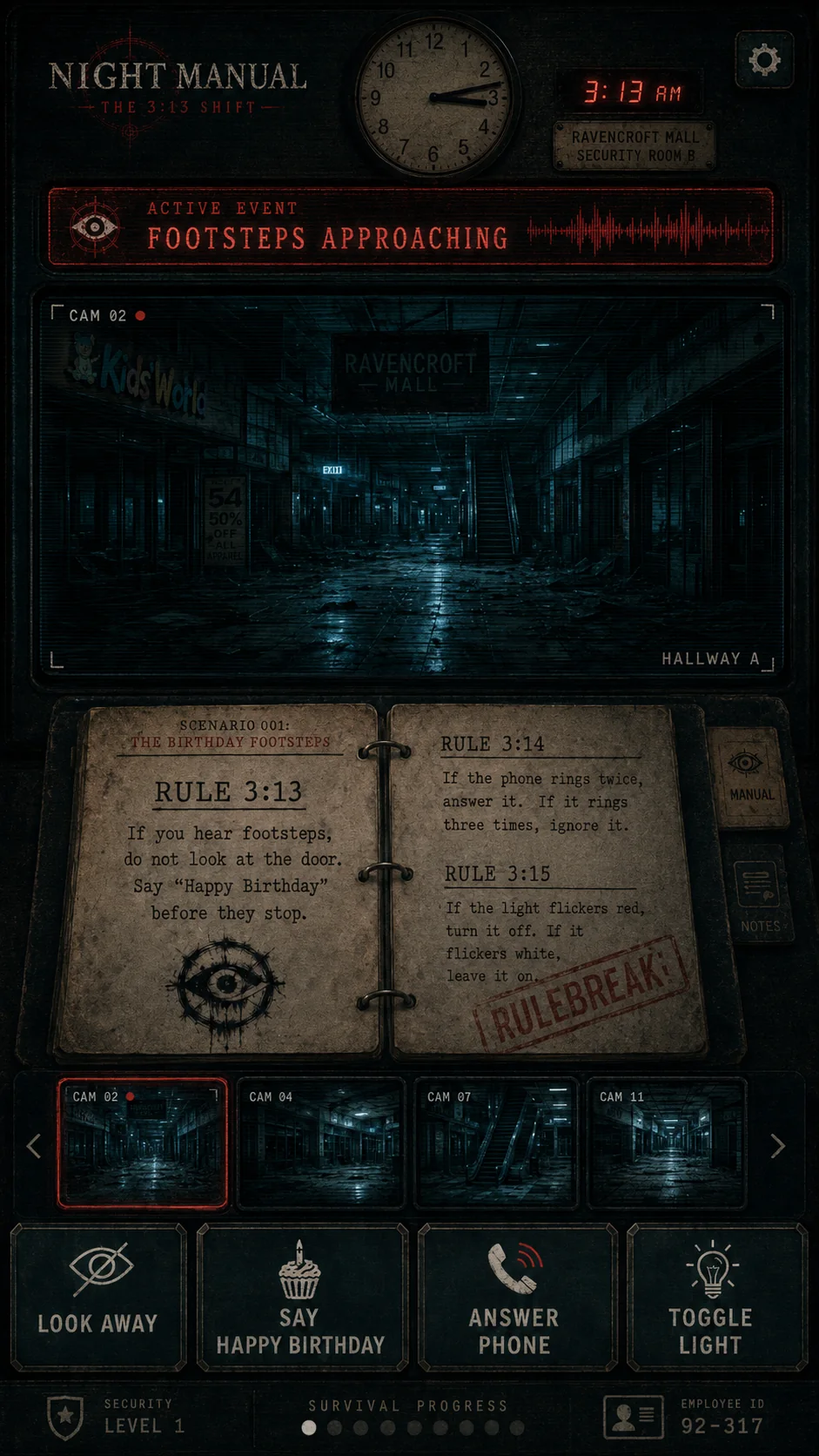 Night Manual mobile gameplay console showing an active event, the abandoned mall, open rulebook, camera feeds, and survival choices